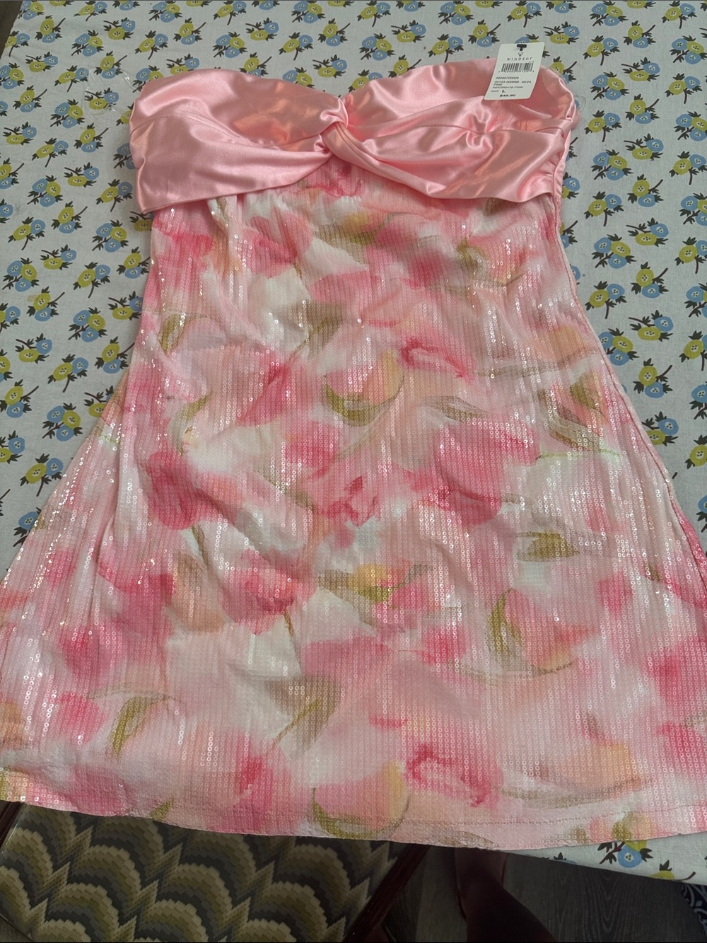 Strapless Pink Floral Satin-Bodice Formal Dress